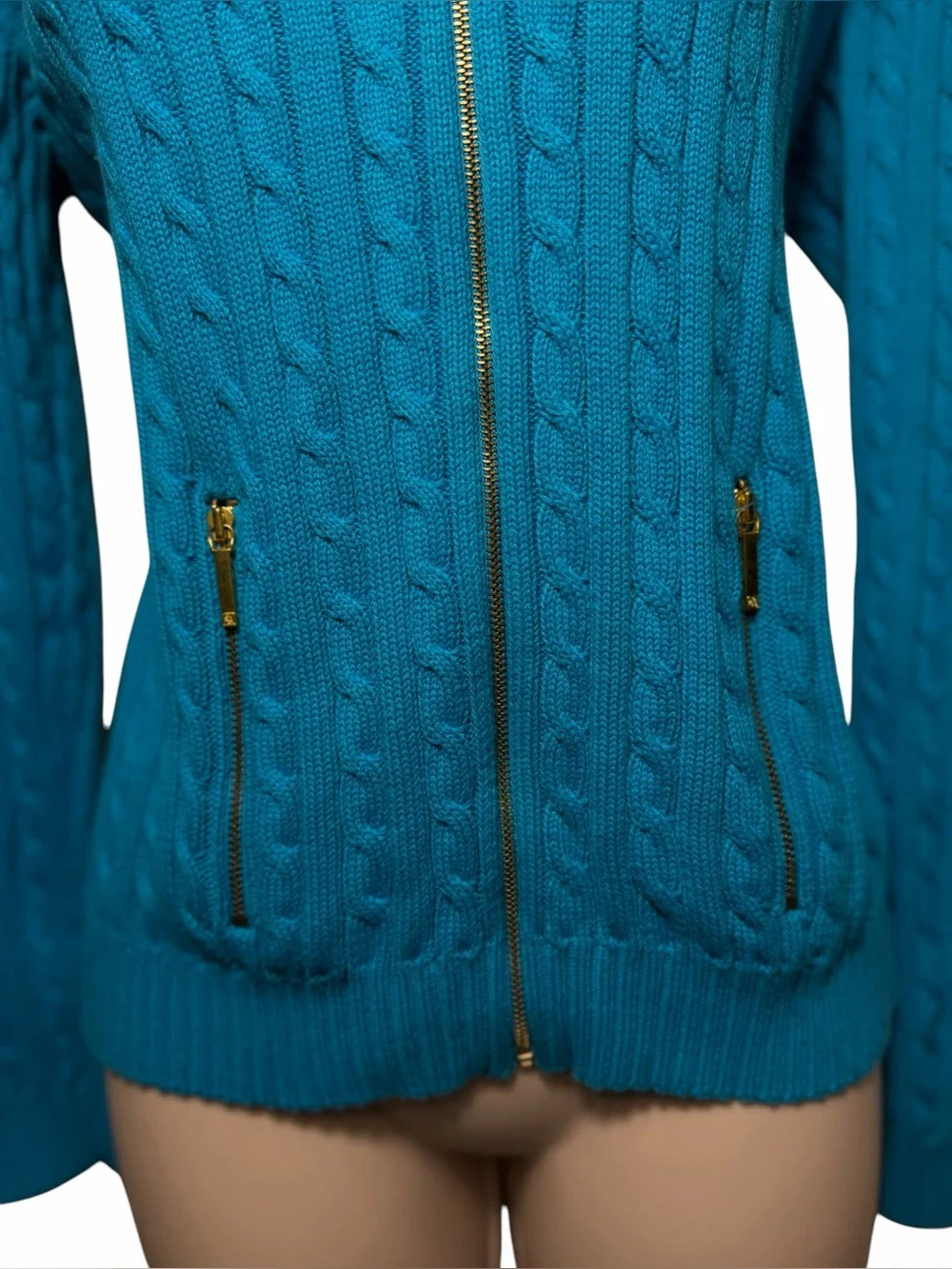 Lauren Ralph Lauren ~Woman Size S~ Teal Cable Knit Zip Up Jacket Sweater w/Logo
